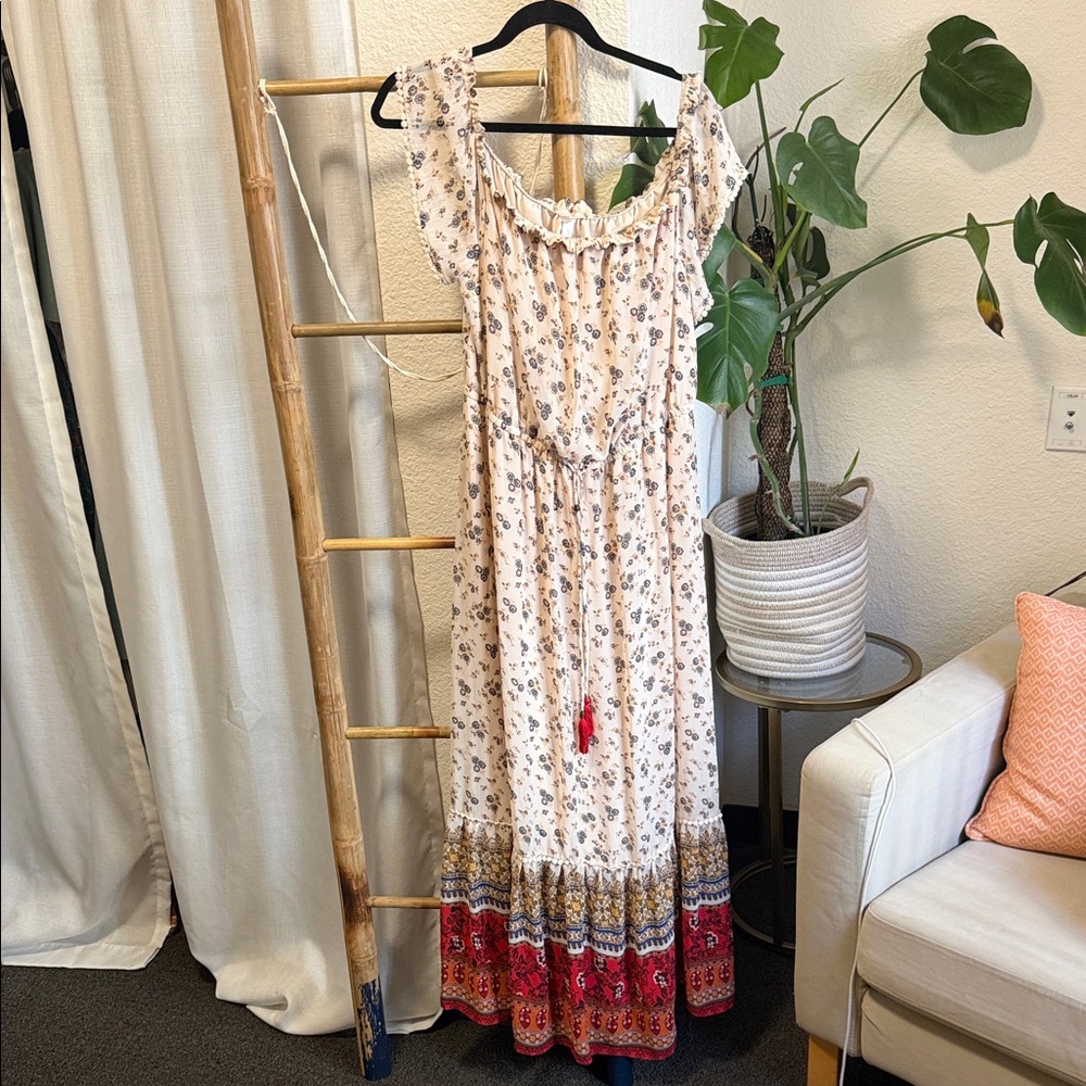 Xhilaration Floral Print Maxi Dress with Red and Cream Accents